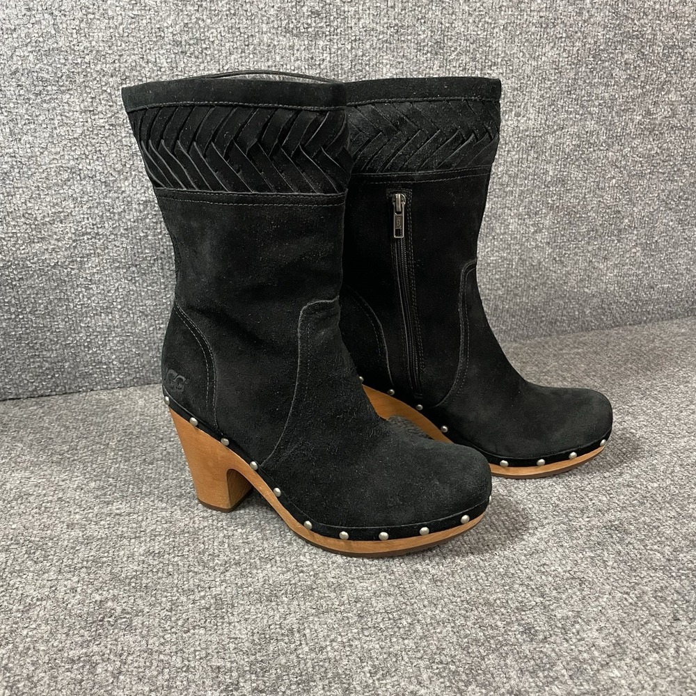 UGG Annaliza Black Suede Leather Boots sz 9‎ Wooden Heels Studs Floral Lining